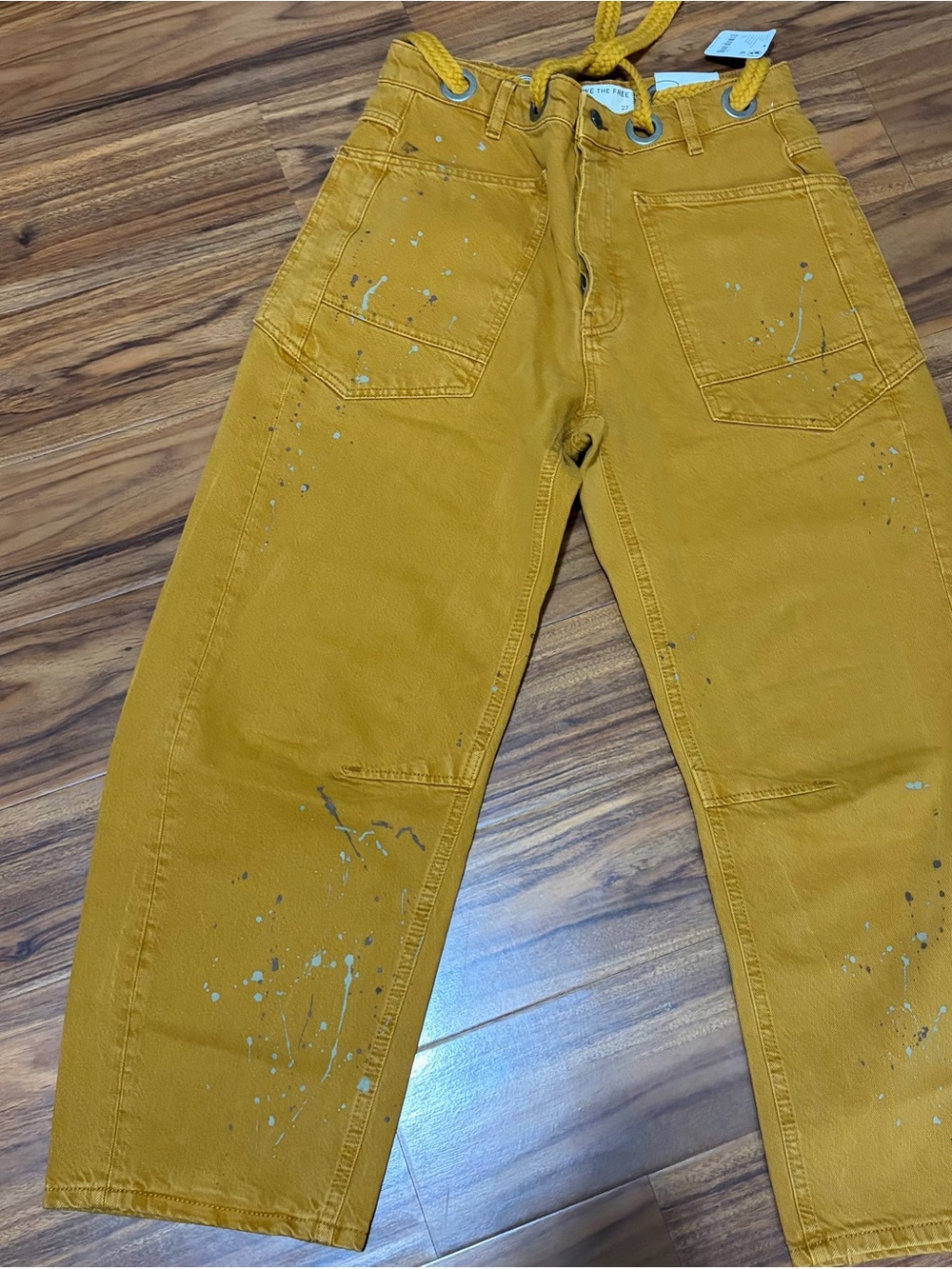 We The Free Mustard Yellow Relaxed Utility Pants with Paint-Splatter